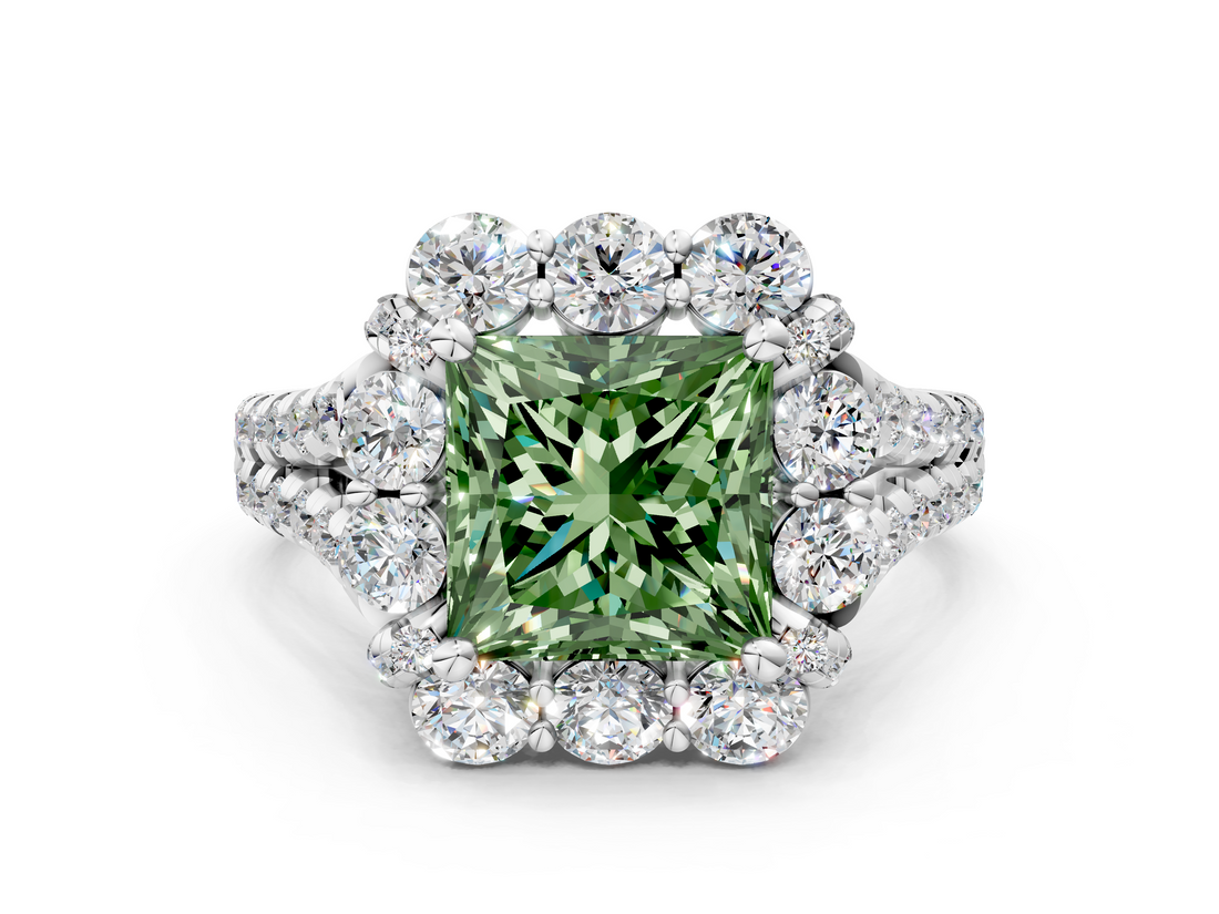 White gold Fancy Green Princess  Halo Split Shank Diamond Engagement Ring with Pave Band and Four-Prong Setting