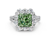 White gold Fancy Green Princess  Halo Split Shank Diamond Engagement Ring with Pave Band and Four-Prong Setting