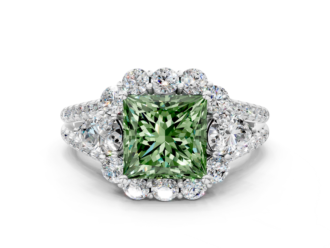 White gold Fancy Green Princess  Halo Split Shank Diamond Engagement Ring with Prong Setting