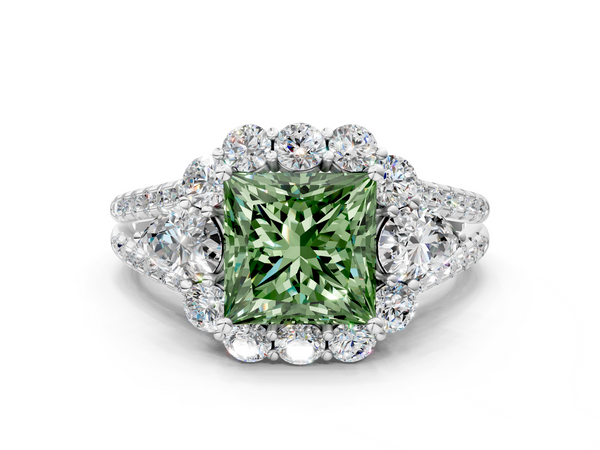 Platinum Fancy Green Princess  Halo Split Shank Diamond Engagement Ring with Prong Setting