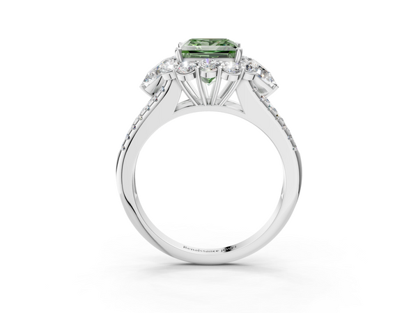 Platinum Fancy Green Princess  Halo Split Shank Diamond Engagement Ring with Prong Setting