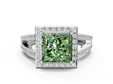 White gold Fancy Green Princess  Halo Split Shank Diamond Ring with Four-Prong Setting