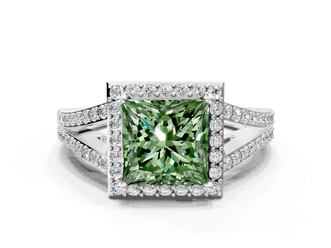 White gold Fancy Green Princess  Halo Split Shank Diamond Ring with Prong Setting