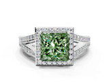 White gold Fancy Green Princess  Halo Split Shank Diamond Ring with Prong Setting