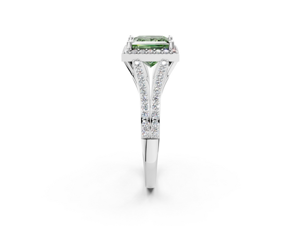 Platinum Fancy Green Princess  Halo Split Shank Diamond Ring with Prong Setting