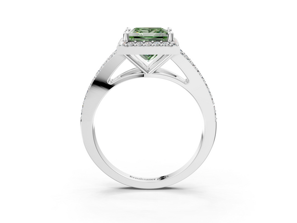 Platinum Fancy Green Princess  Halo Split Shank Diamond Ring with Prong Setting