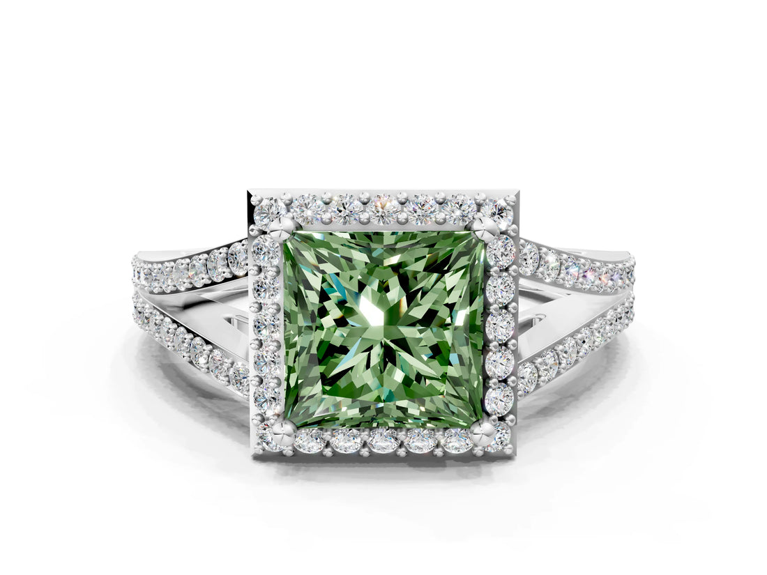 White gold Fancy Green Princess  Halo Split Shank Pave Diamond Ring with Four-Prong Setting_29
