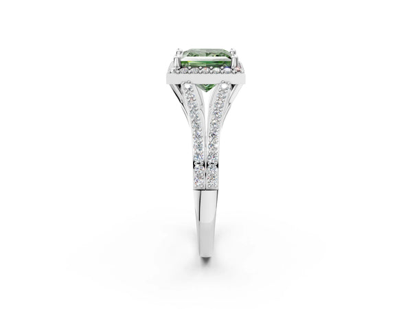 White gold Fancy Green Princess  Halo Split Shank Pave Diamond Ring with Four-Prong Setting