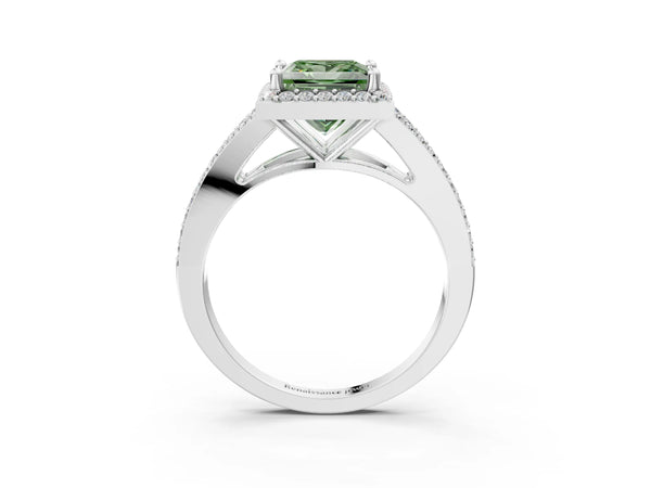 White gold Fancy Green Princess  Halo Split Shank Pave Diamond Ring with Four-Prong Setting