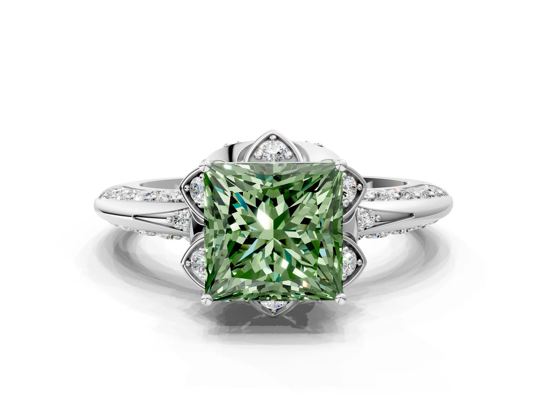 White gold Fancy Green Princess  Halo Split Shank Pave Diamond Ring with Petal Prong Setting_32
