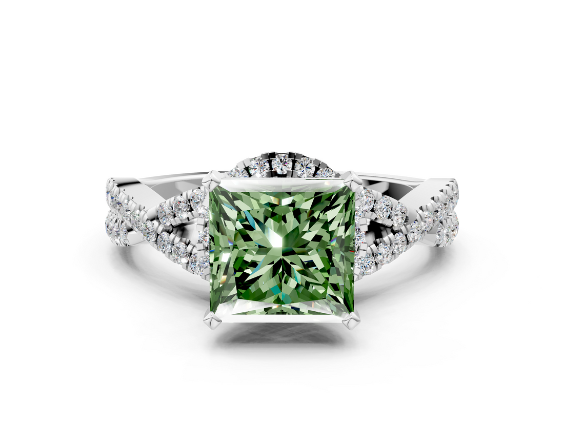 White gold Fancy Green Princess  Halo Twist Band Solitaire Prong Setting Ring