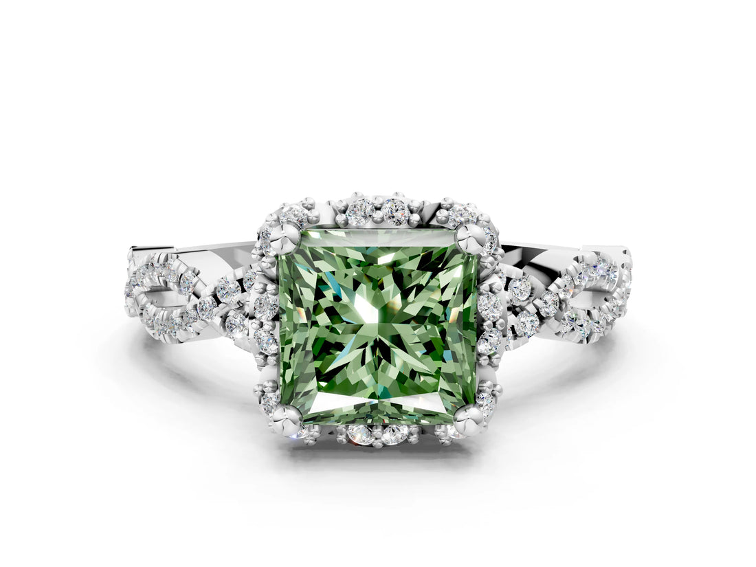White gold Fancy Green Princess  Halo Twist Band Solitaire Ring with Six-Prong Setting_32