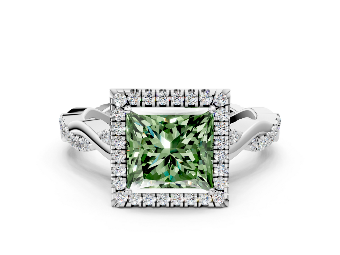 White gold Fancy Green Princess  Halo Twist Band Solitaire Ring