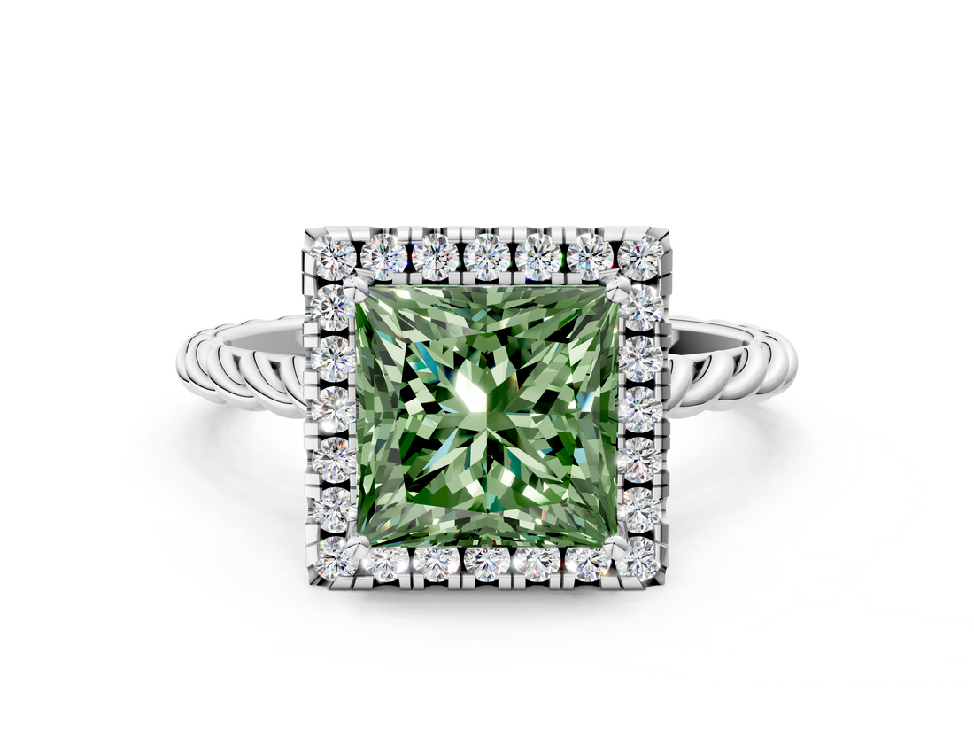 White gold Fancy Green Princess  Halo Twisted Band Four-Prong Diamond Ring