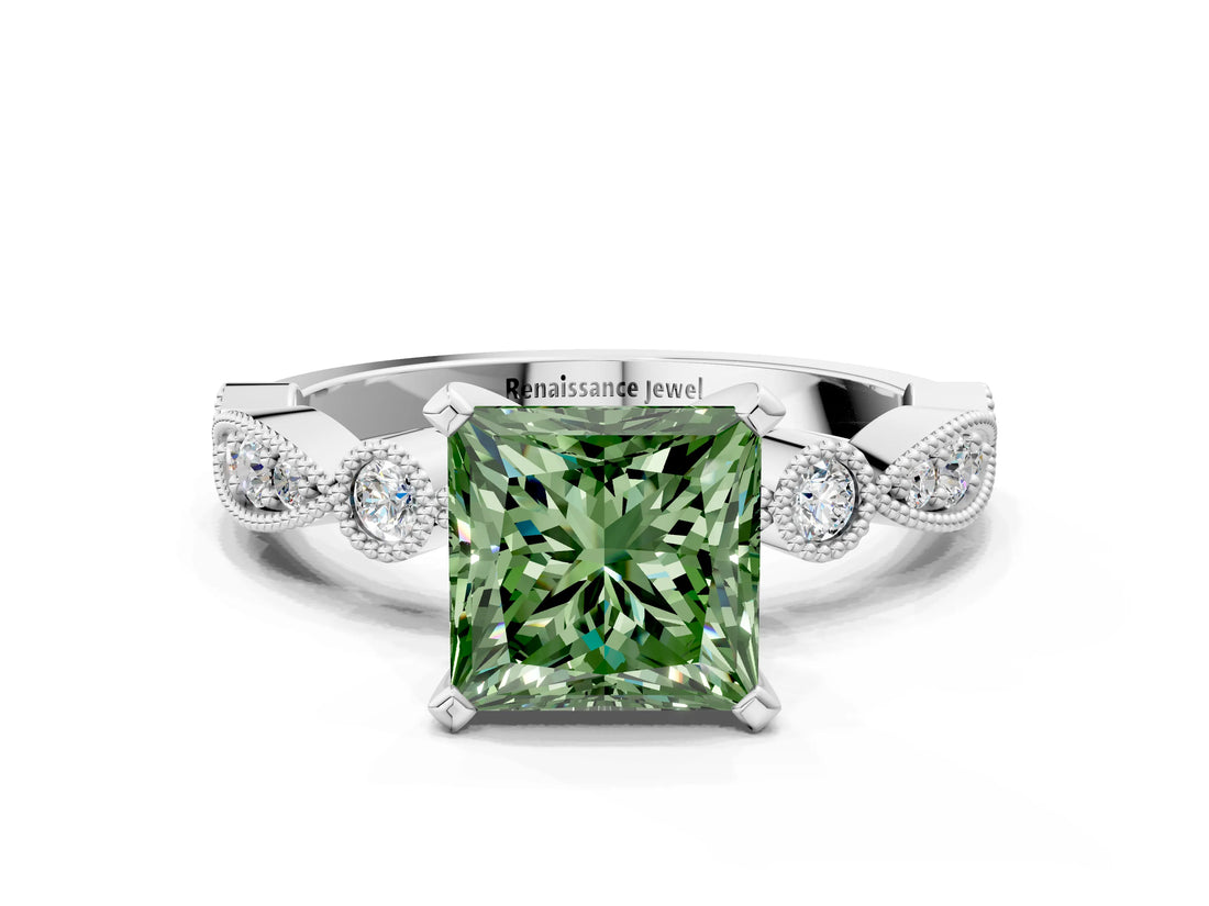 White gold Fancy Green Princess  Milgrain Bezel Diamond Engagement Ring with Solitaire Prong Setting_29