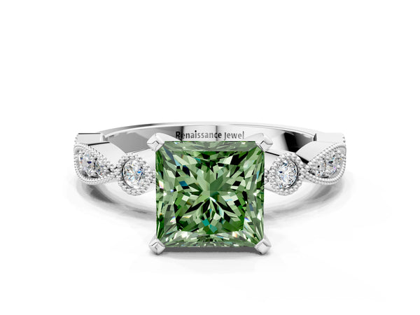 Platinum Princess Cut Milgrain Bezel Engagement Ring Setting for Fancy Green Center