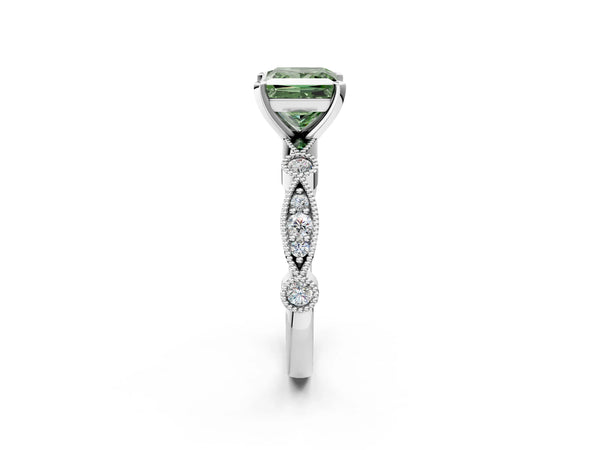 Platinum Princess Cut Milgrain Bezel Engagement Ring Setting for Fancy Green Center