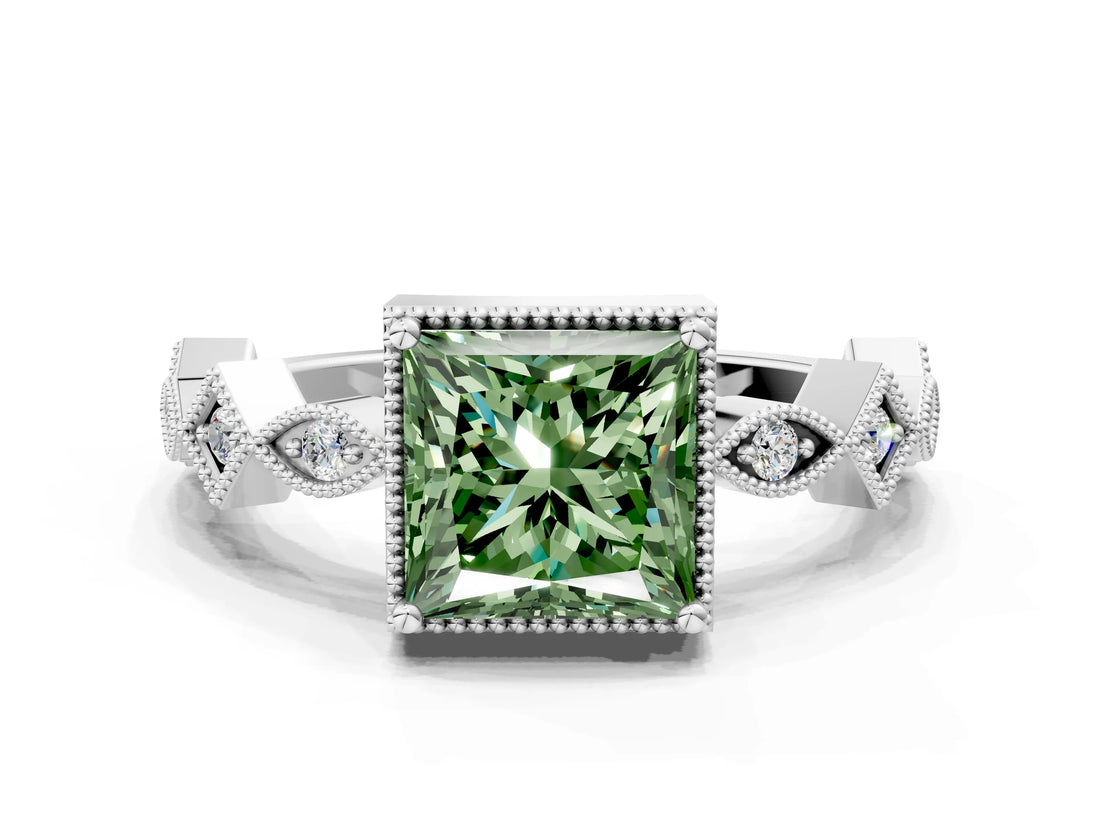White gold Fancy Green Princess  Milgrain Marquise Diamond Twist Band Ring_62
