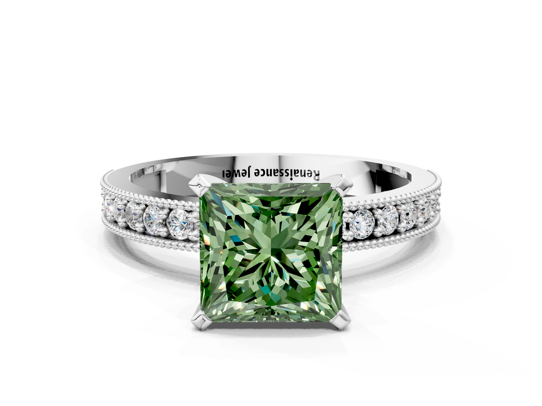 White gold Fancy Green Princess  Milgrain Pave Diamond Engagement Ring with Four-Prong Setting