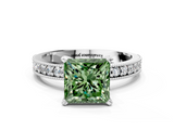 White gold Fancy Green Princess  Milgrain Pave Diamond Engagement Ring with Four-Prong Setting