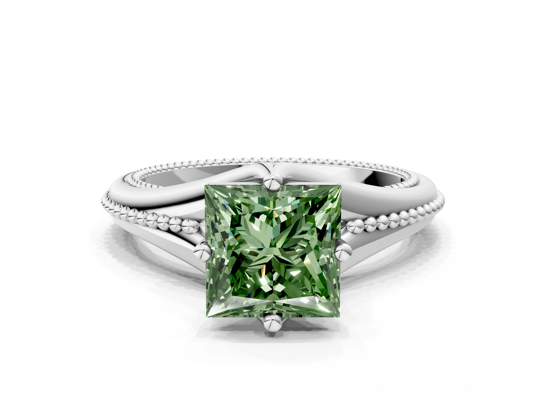 White gold Fancy Green Princess  Solitaire Beaded Band Six-Prong Setting