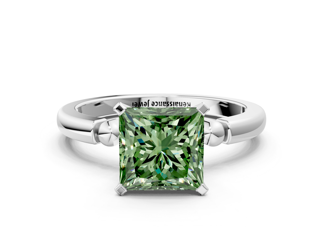 White gold Fancy Green Princess  Solitaire Beaded Band with Four-Prong Setting