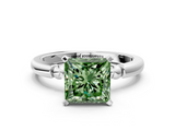 White gold Fancy Green Princess  Solitaire Beaded Band with Four-Prong Setting