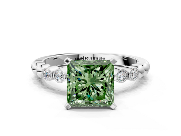 Platinum Fancy Green Princess  Solitaire Bezel Accent Diamond Engagement Ring with Beaded Band and Four-Prong Setting