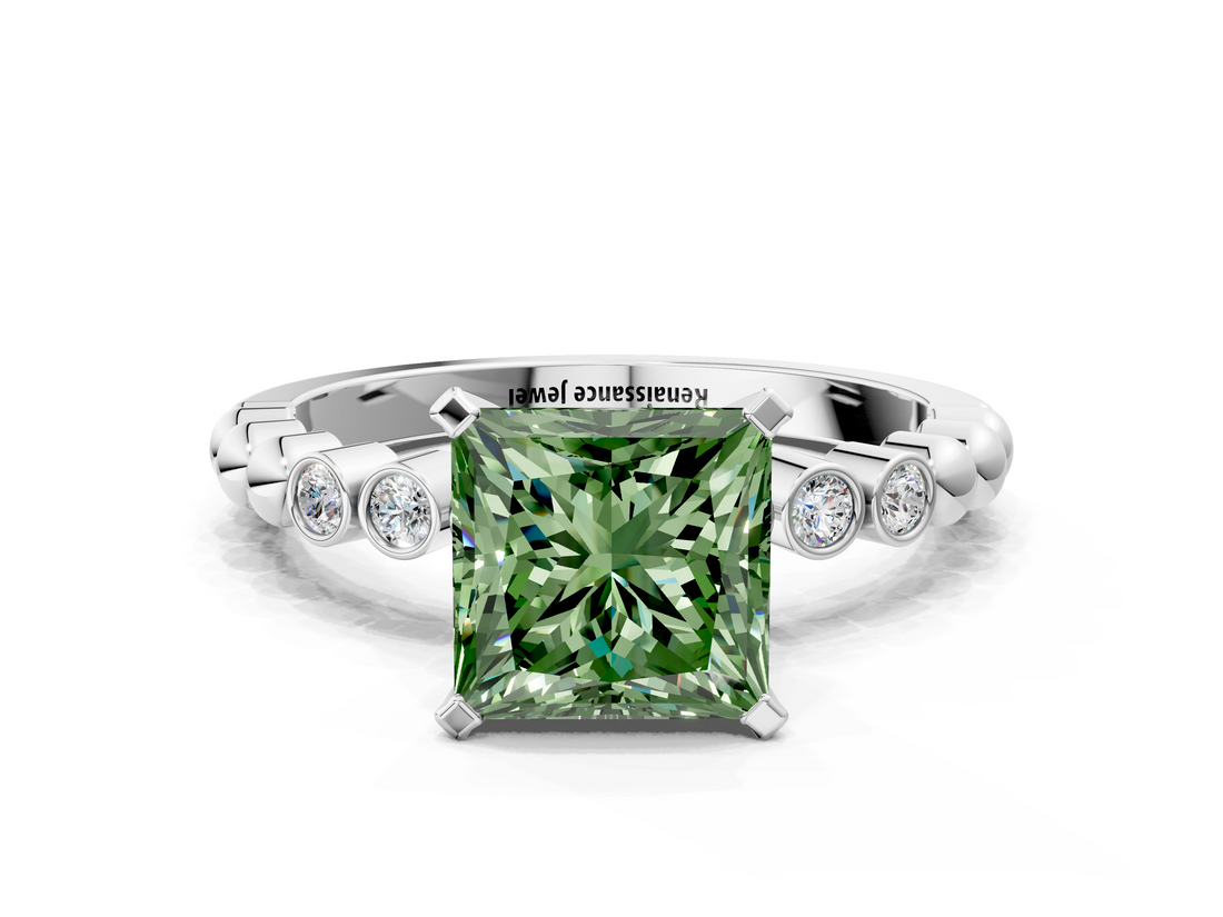 White gold Fancy Green Princess  Solitaire Bezel Accent Diamond Engagement Ring with Beaded Band and Four-Prong Setting