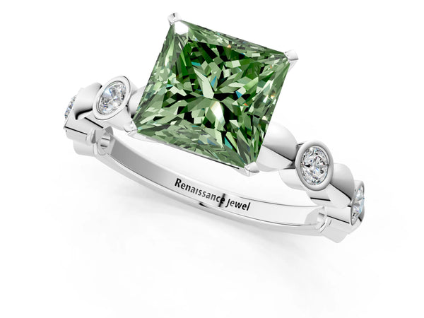 Platinum Fancy Green Princess  Solitaire Bezel-Set Diamond Ring with Beaded Band and Four-Prong Setting