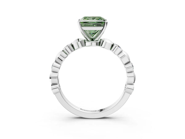 Platinum Fancy Green Princess  Solitaire Bezel-Set Diamond Ring with Beaded Band and Four-Prong Setting