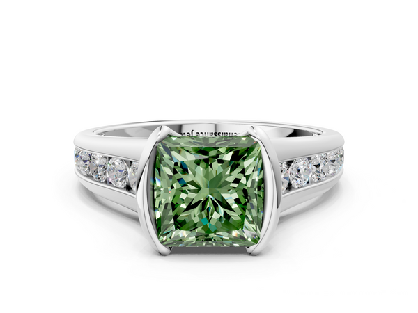Platinum Fancy Green Princess  Solitaire Bezel-Set Diamond Ring with Channel-Set Band