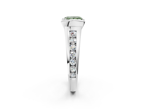Platinum Fancy Green Princess  Solitaire Bezel-Set Diamond Ring with Channel-Set Band