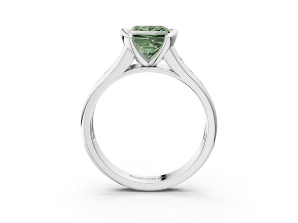 Platinum Fancy Green Princess  Solitaire Bezel-Set Diamond Ring with Channel-Set Band