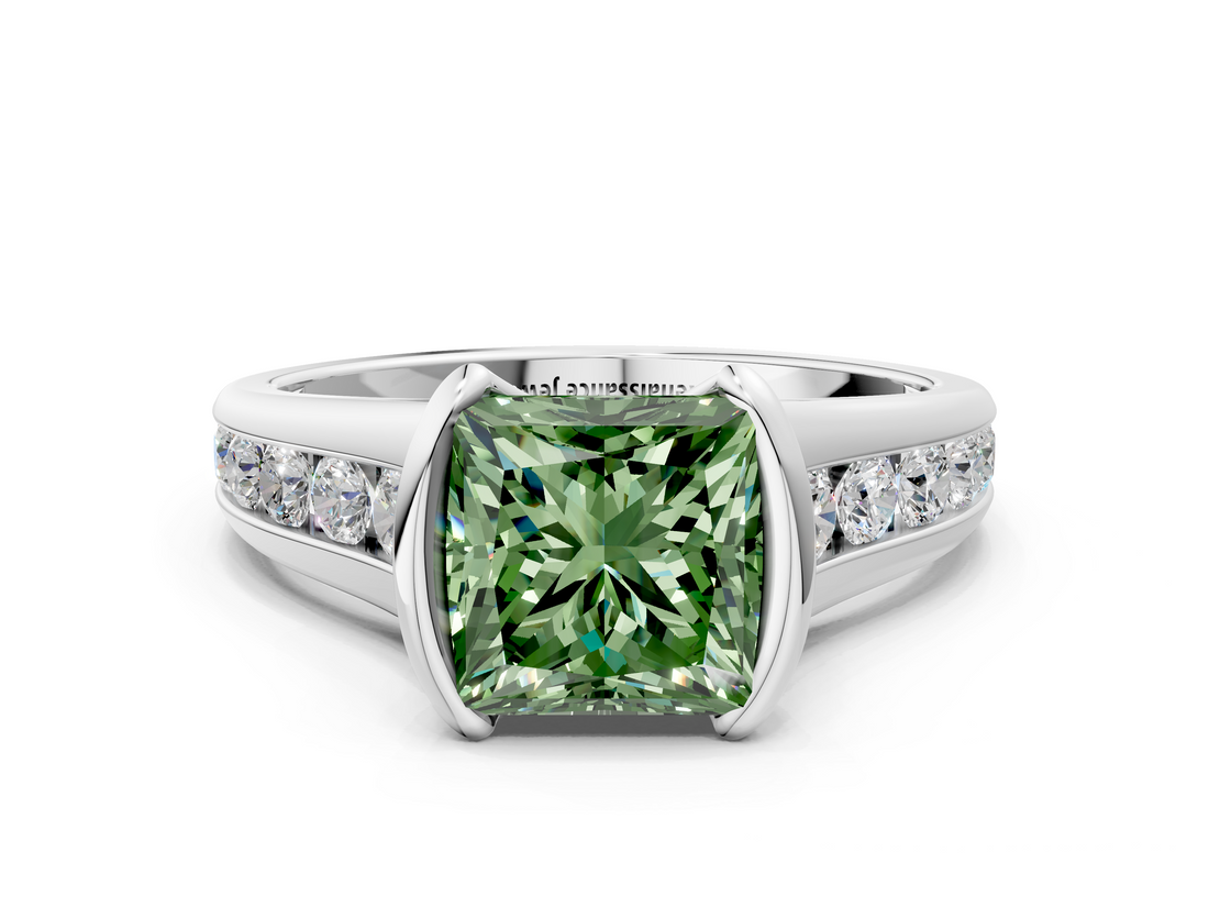 White gold Fancy Green Princess  Solitaire Bezel-Set Diamond Ring with Channel-Set Band