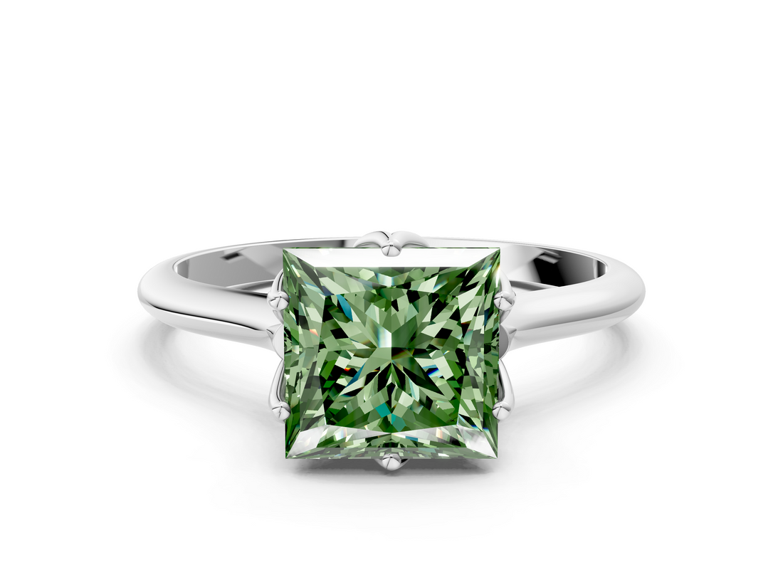 White gold Fancy Green Princess  Solitaire Cathedral Diamond Ring with Six-Prong Setting