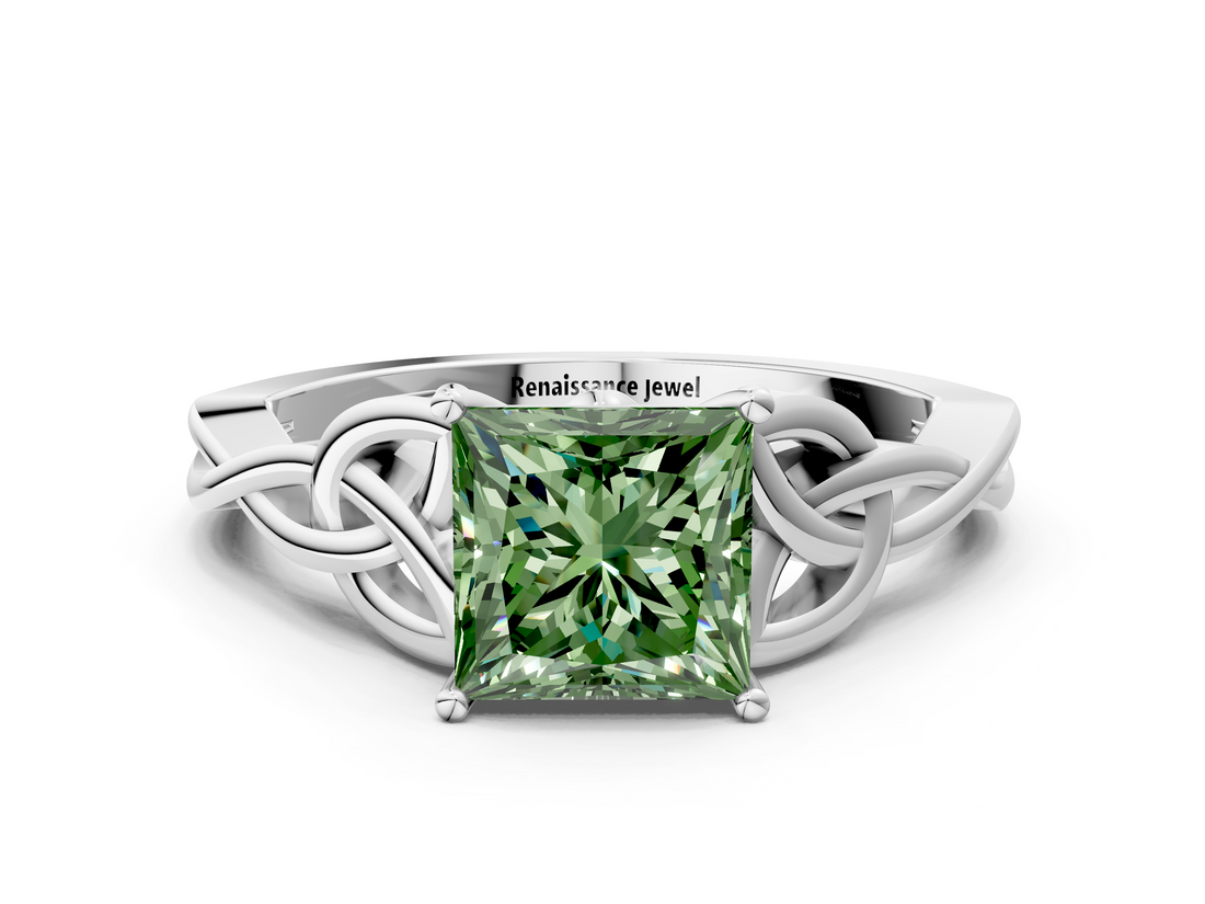 White gold Fancy Green Princess  Solitaire Celtic Knot Engagement Ring with Four-Prong Setting