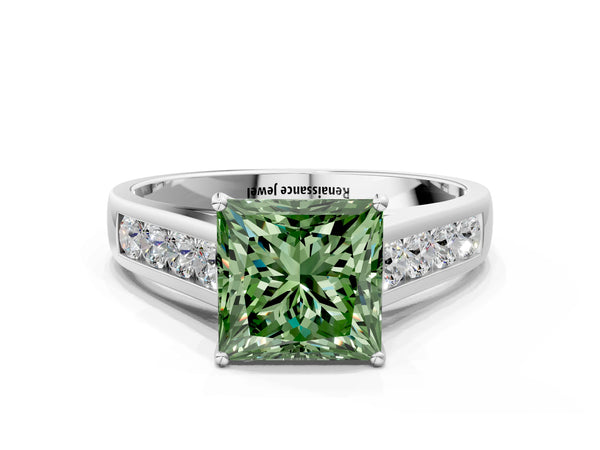 White gold Fancy Green Princess  Solitaire Channel-Set Diamond Engagement Ring with Four-Prong Setting
