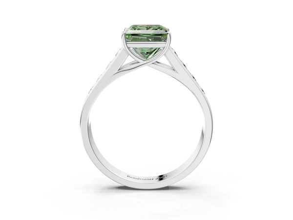 White gold Fancy Green Princess  Solitaire Channel-Set Diamond Engagement Ring with Four-Prong Setting