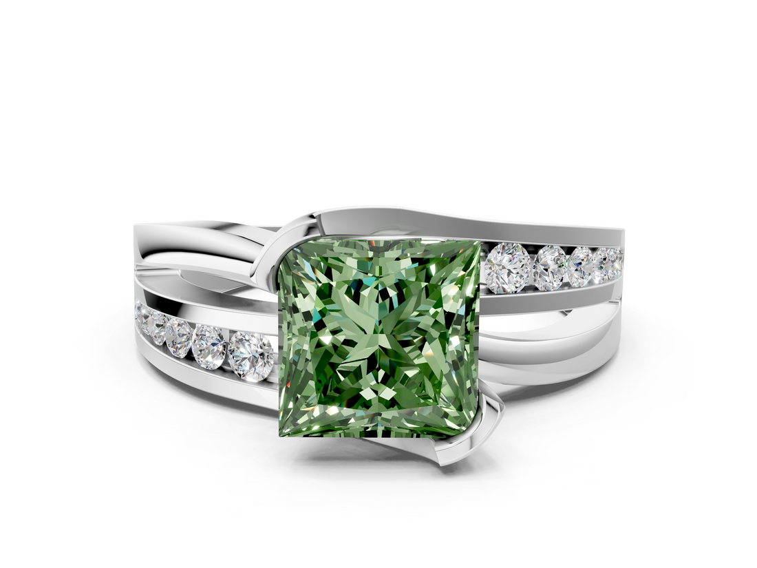 White gold Fancy Green Princess  Solitaire Channel-Set Split Shank Ring with Tension Prong Setting_3