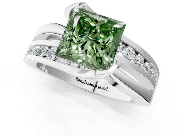 Platinum Fancy Green Princess  Solitaire Channel-Set Split Shank Ring with Tension Prong Setting