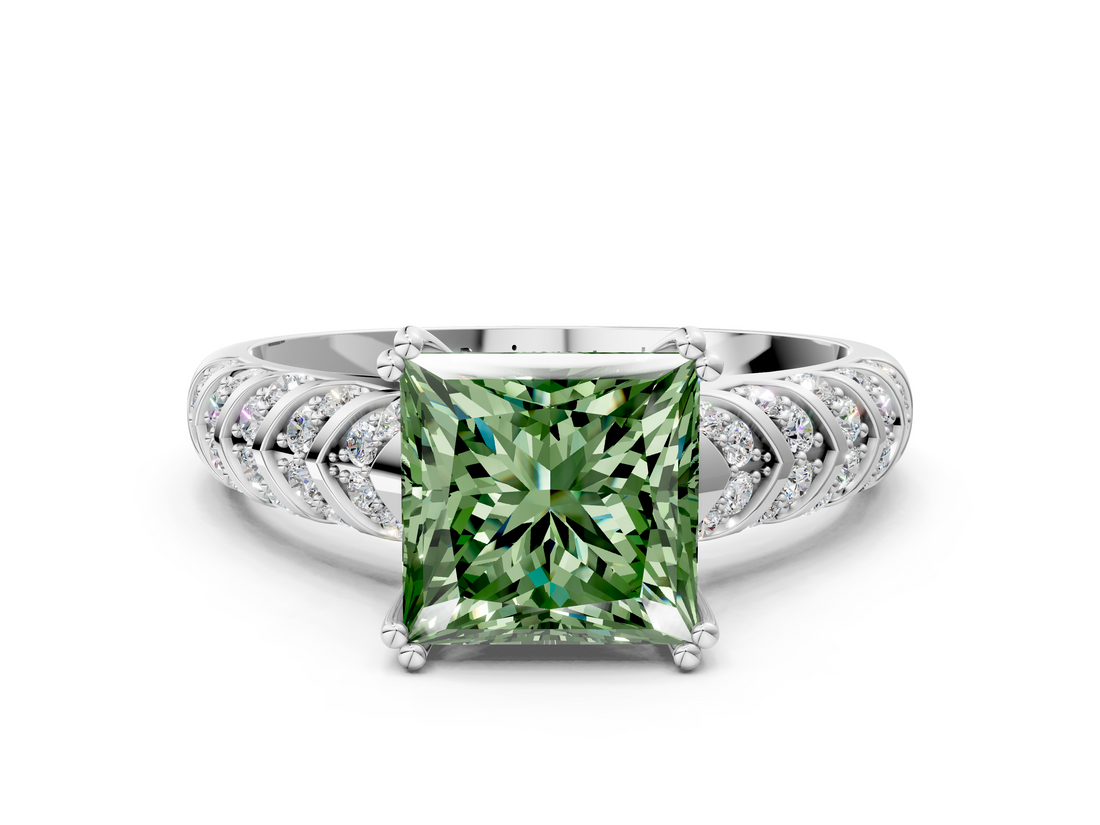 White gold Fancy Green Princess  Solitaire Chevron Pave Diamond Engagement Ring with Six-Prong Setting