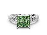 White gold Fancy Green Princess  Solitaire Chevron Pave Diamond Engagement Ring with Six-Prong Setting