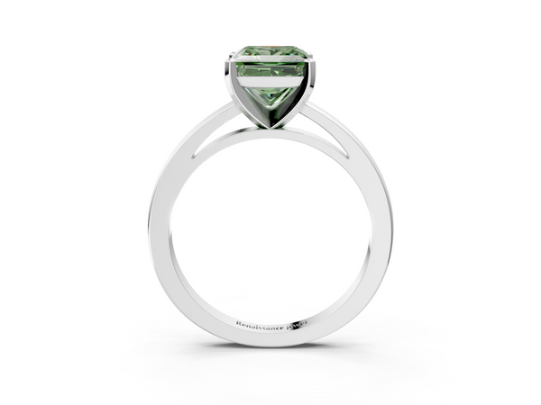 Platinum Fancy Green Princess  Solitaire Diamond Engagement Ring with Four-Prong Setting on a Classic Band