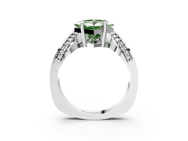 White gold Fancy Green Princess  Solitaire Diamond Engagement Ring with Pave Band and Four-Prong Setting