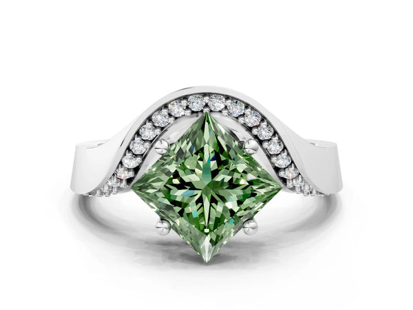 White gold Fancy Green Princess  Solitaire Diamond Engagement Ring with Pave Band and Four-Prong Setting