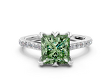 White gold Fancy Green Princess  Solitaire Diamond Engagement Ring with Pave Band and Six-Prong Setting