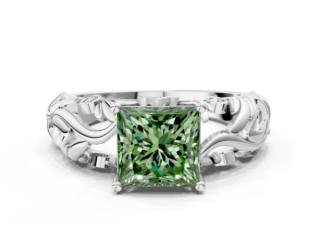 White gold Fancy Green Princess  Solitaire Diamond Leaf Vine Band with Prong Setting