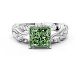 White gold Fancy Green Princess  Solitaire Diamond Leaf Vine Band with Prong Setting