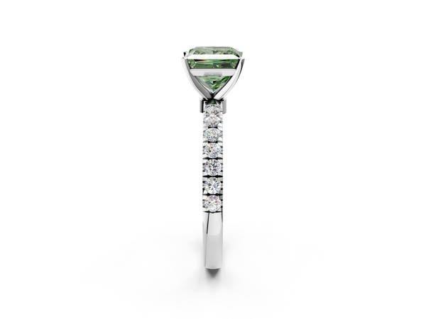 White gold Fancy Green Princess Cut Diamond Solitaire Ring with Pavé Accents and Four-Prong Setting